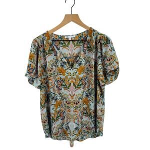 DR2 By Daniel Rainn Floral Print Pleated Blouse Multicolor Boho Top Size L
